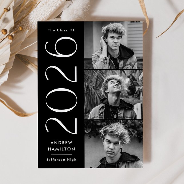 Modern Simplicity Black 3 Photo 2026 Graduation Announcement (Creator Uploaded)