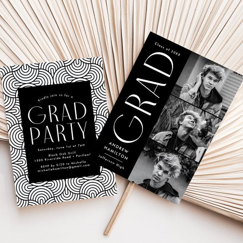 Modern Simplicity Black 3 Photo Graduation Party Invitation