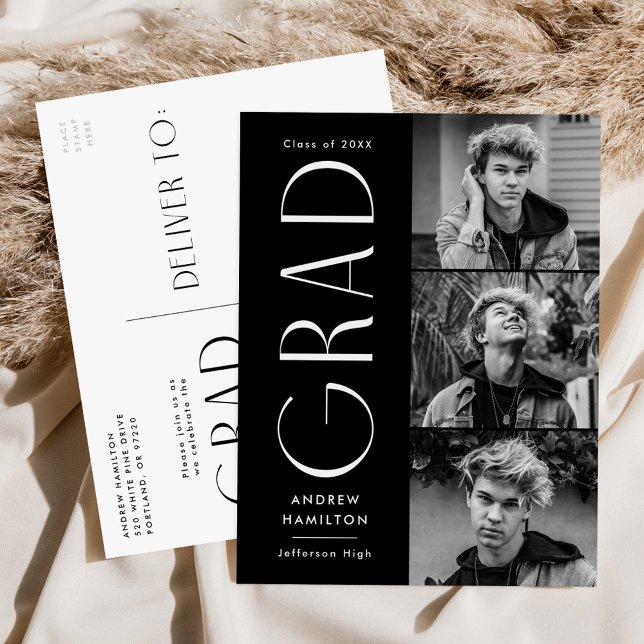 Modern Simplicity Black 3 Photo Graduation Party Invitation Postcard (Creator Uploaded)