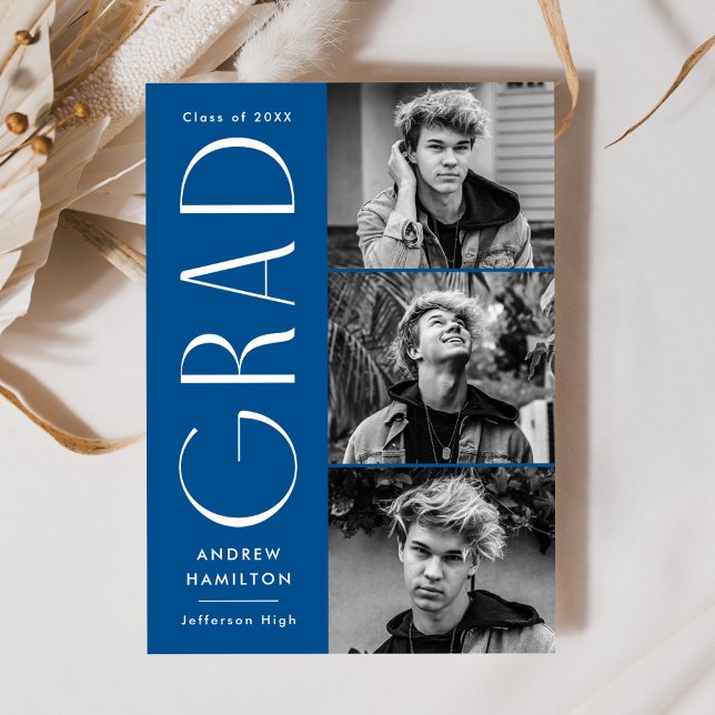 Modern Simplicity Blue 3 Photo Collage Graduation Announcement (Creator Uploaded)