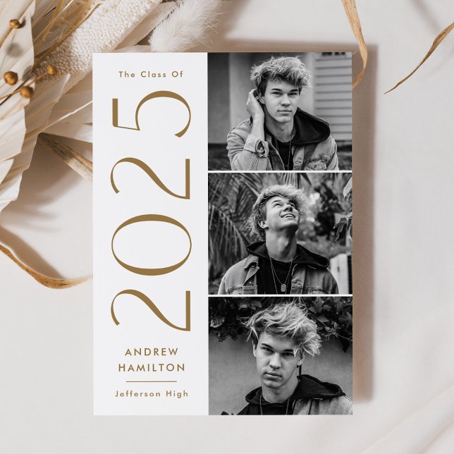 Modern Simplicity Brass 3 Photo 2025 Graduation Announcement (Creator Uploaded)