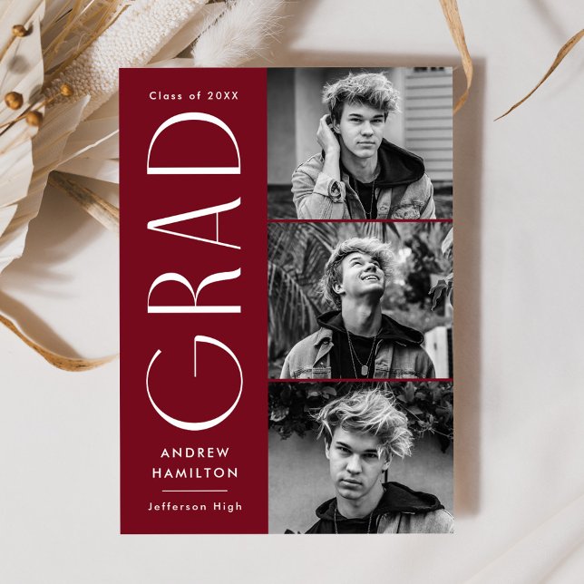 Modern Simplicity Burgundy 3 Photo Graduation Announcement (Creator Uploaded)