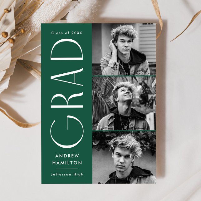Modern Simplicity Green 3 Photo Collage Graduation Announcement (Creator Uploaded)
