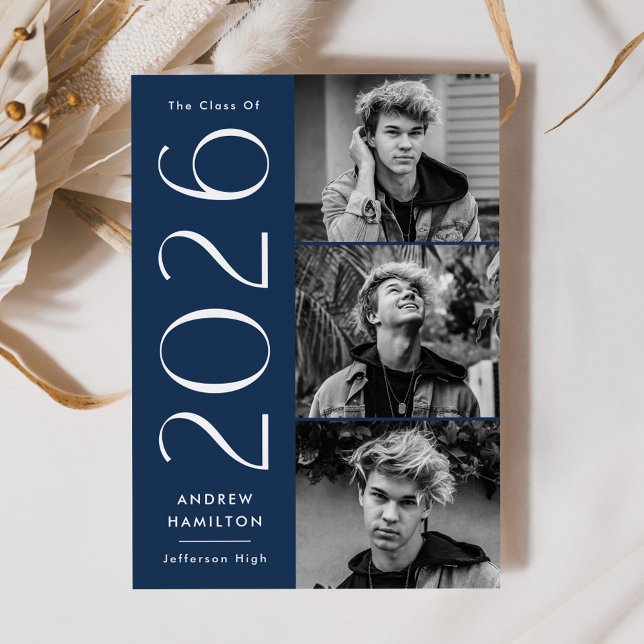 Modern Simplicity Navy 3 Photo 2026 Graduation Announcement (Creator Uploaded)