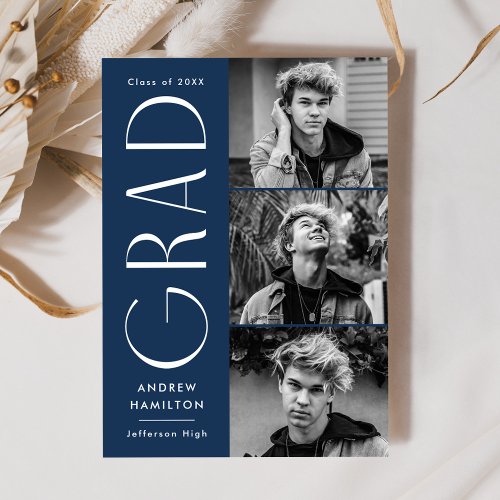 Modern Simplicity Navy 3 Photo Collage Graduation Announcement