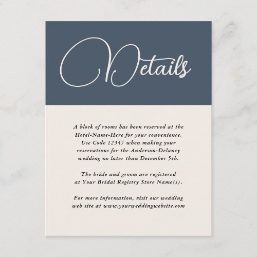 Modern Simplicity Navy Blue Wedding Details Enclosure Card