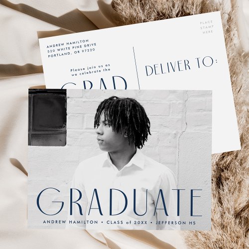 Modern Simplicity Navy Photo Graduation Party Invitation Postcard