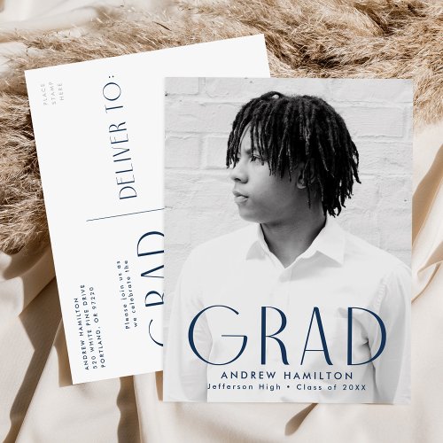 Modern Simplicity Navy Photo Graduation Party Invitation Postcard