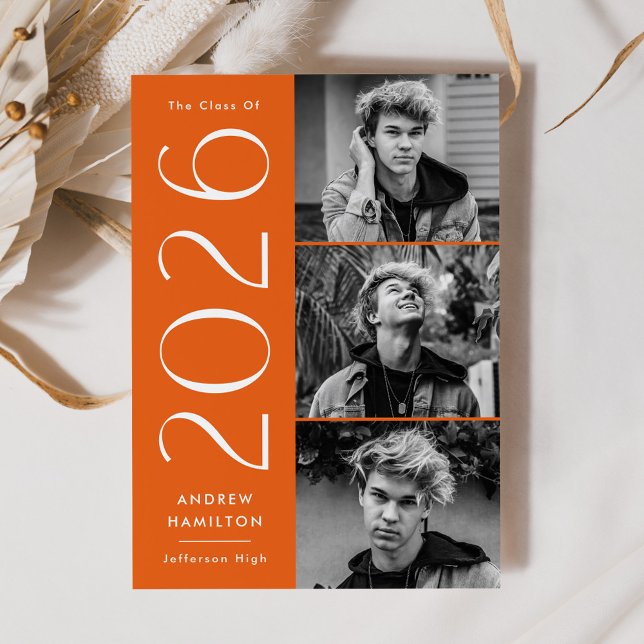 Modern Simplicity Orange 3 Photo 2026 Graduation Announcement (Creator Uploaded)