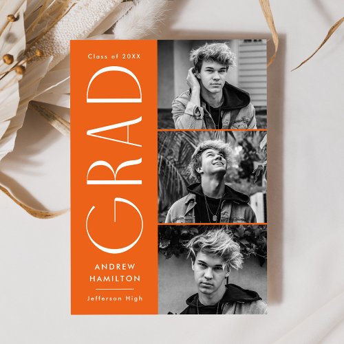 Modern Simplicity Orange 3 Photo Graduation Announcement