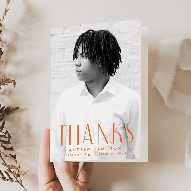 Modern Simplicity Orange Photo Graduation Thank You Card (Creator Uploaded)