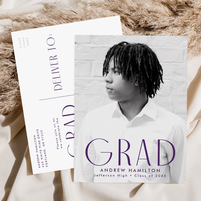 Modern Simplicity Purple Photo Graduation Party Invitation Postcard (Creator Uploaded)