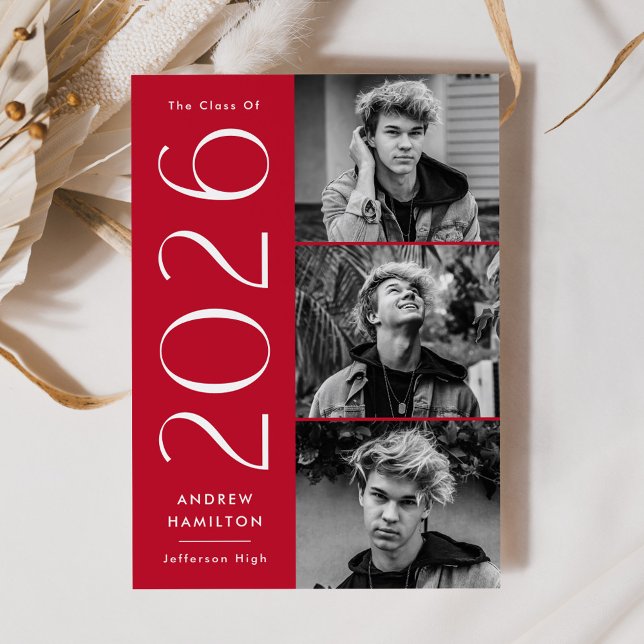 Modern Simplicity Red 3 Photo 2026 Graduation Announcement (Creator Uploaded)