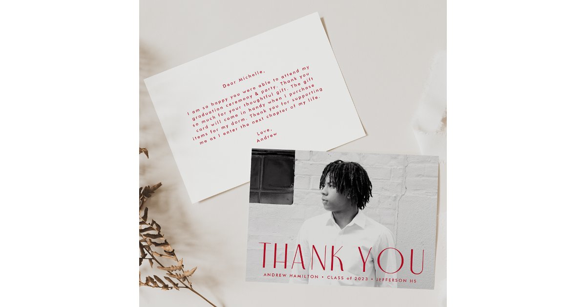 Modern Simplicity Red Photo Graduation Thank You Card | Zazzle