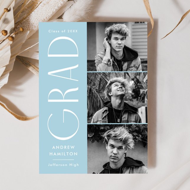 Modern Simplicity Sky Blue 3 Photo Graduation Announcement (Creator Uploaded)