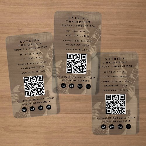Modern Singer Musician Photo Guitarist QR Code  Clear Business Cards