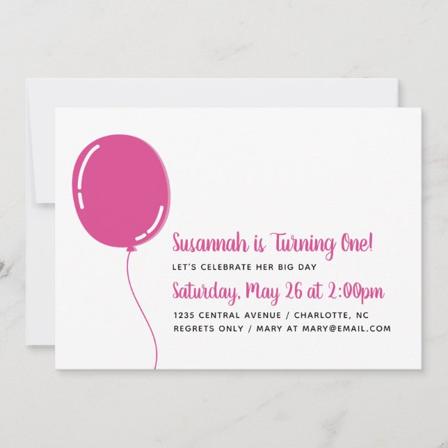Modern Single Bright Pink Ballon Birthday Party Invitation (Front)