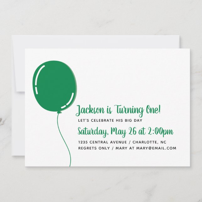 Modern Single Green Ballon Birthday Party Invitation (Front)