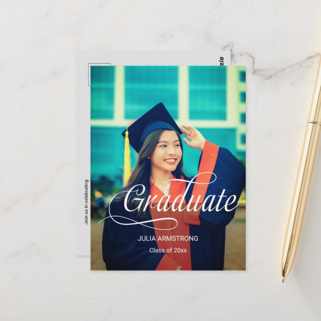 Modern Single Photo Simple Script Graduation Card (Front/Back In Situ)