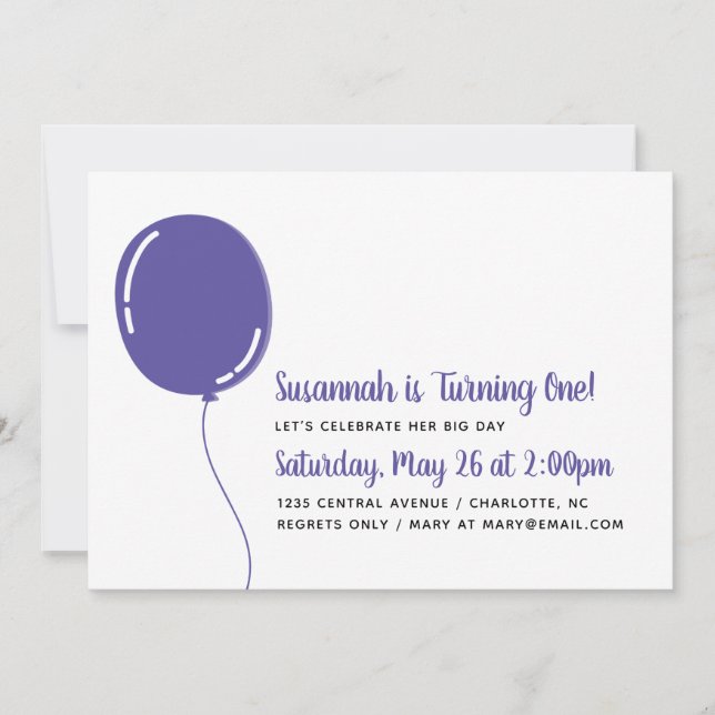 Modern Single Purple Ballon Birthday Party Invitation (Front)