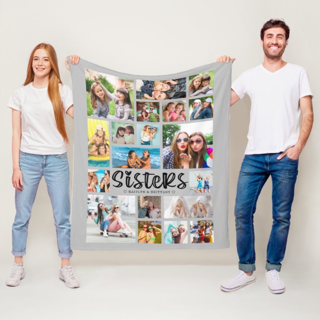 Modern SISTERS 19 Photo Collage Gray Fleece Blanket (In Situ)