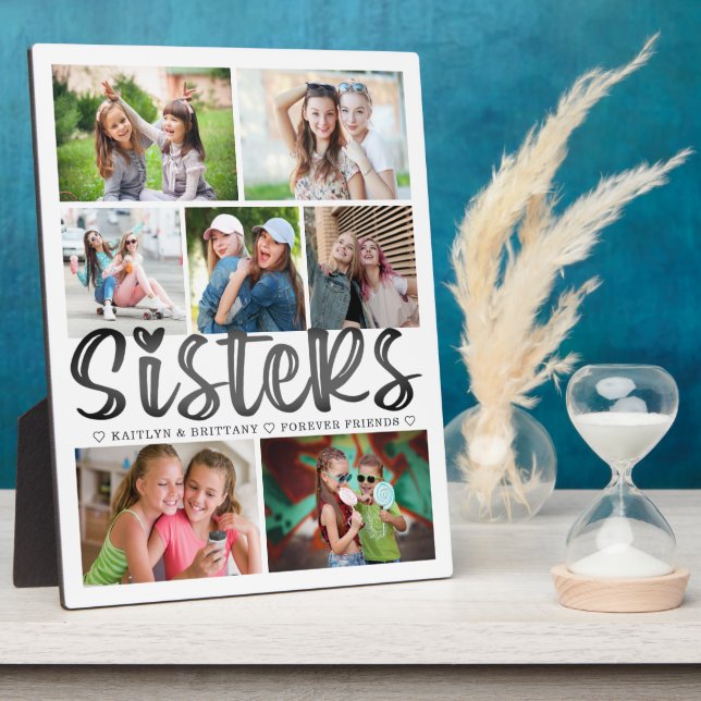 Modern SISTERS 7 Photo Collage White Personalized Plaque (Side)