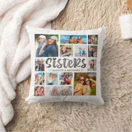 Modern SISTERS Photo Collage Photo on Back Throw Pillow