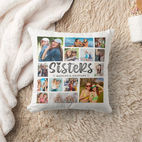 Modern SISTERS Photo Collage Photo on Back Throw Pillow