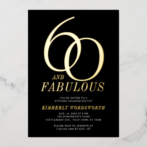 Modern Sixty and Fabulous 60th Birthday Black Gold Foil Invitation