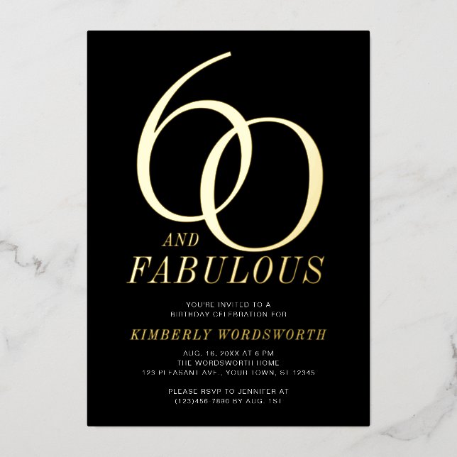 Modern Sixty and Fabulous 60th Birthday Black Gold Foil Invitation (Front)