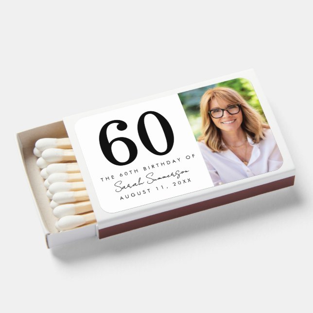 Modern Sixty Black White Photo 60th Birthday Matchboxes (Front Open)