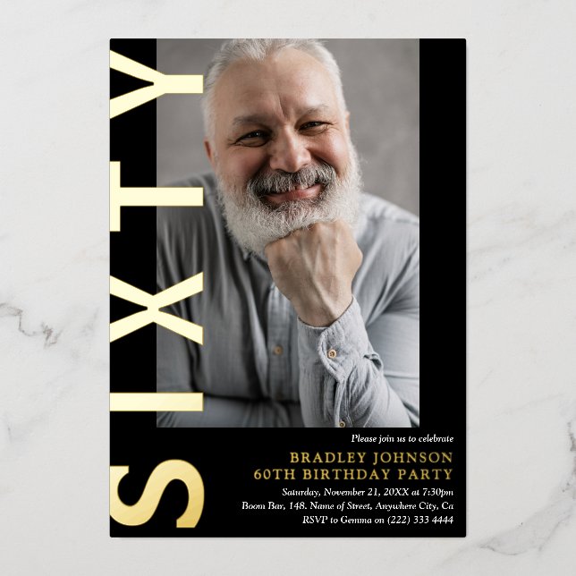 Modern SIXTY Photo 60th Birthday Party Invitation Foil Invitation (Front)