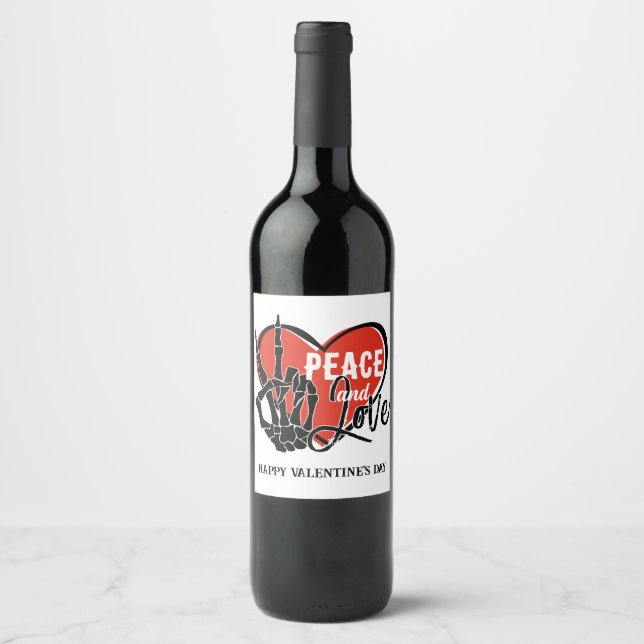 Modern Skeleton Hand Peace and Love  Wine Label (Front)