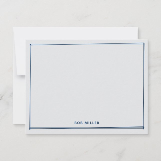 Modern Sketch Border Navy Blue Grey Flat Note Card (Front)