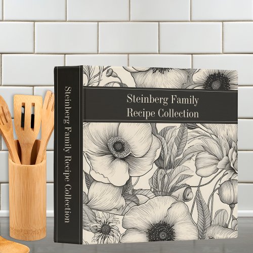 Modern Sketch Floral Black  Cream Family Recipe 3 Ring Binder