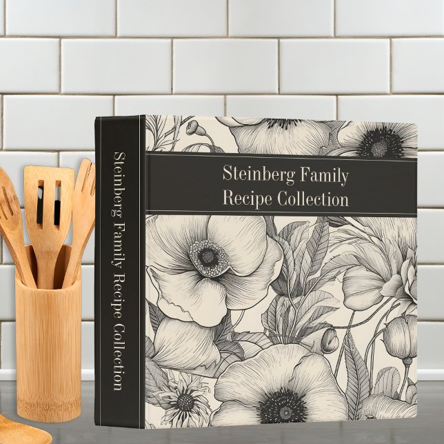 Modern Sketch Floral Black & Cream Family Recipe 3 Ring Binder (Creator Uploaded)