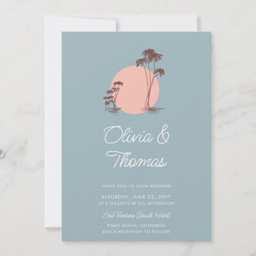 Modern Sketch Palm Trees Dusty Blue Beach Wedding Invitation