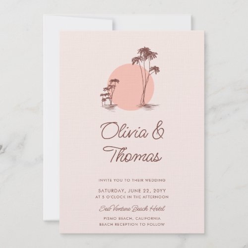 Modern Sketch Pink Palm Trees Simple Beach Wedding Invitation