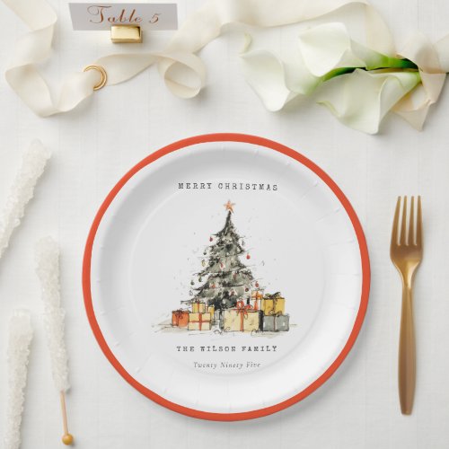 Modern Sketchy Holiday Christmas Tree Gifts Photo Paper Plates