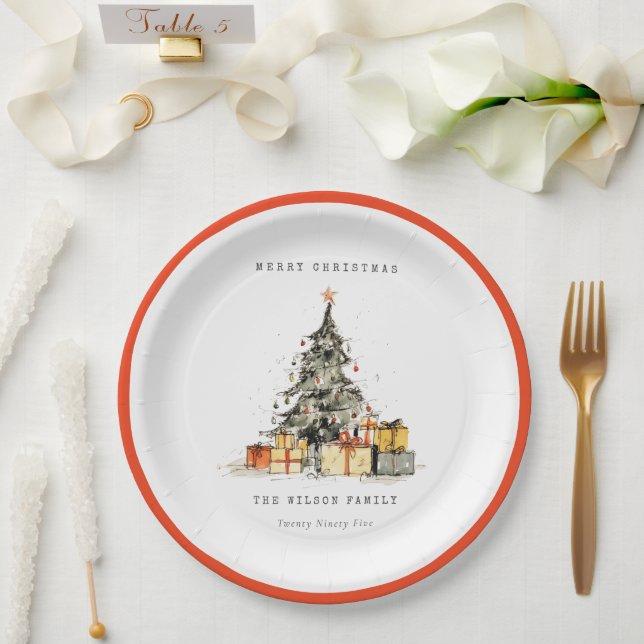 Modern Sketchy Holiday Christmas Tree Gifts Photo Paper Plates (Wedding)