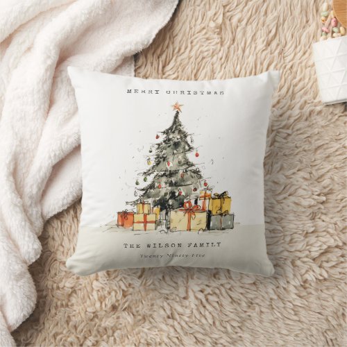 Modern Sketchy Holiday Christmas Tree Gifts Photo Throw Pillow