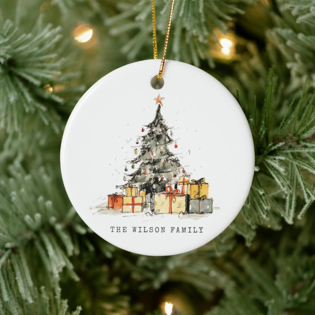 Modern Sketchy Holiday Christmas Tree Watercolor Ceramic Ornament (Tree)