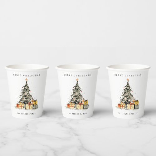Modern Sketchy Holiday Christmas Tree Watercolor Paper Cups