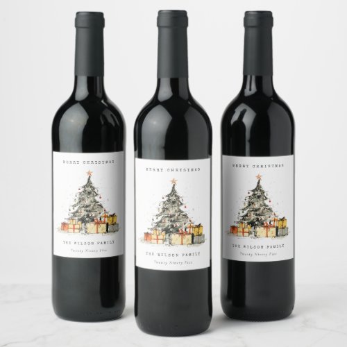 Modern Sketchy Holiday Christmas Tree Watercolor Wine Label