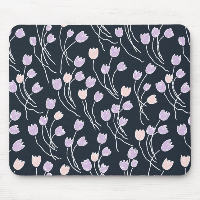 Modern Sketchy Tulips Pattern | Midnight Garden Mouse Pad (Front)