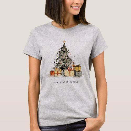Modern Sketchy Watercolor Christmas Tree Gifts T_Shirt