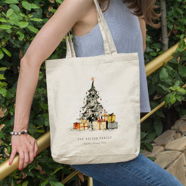 Modern Sketchy Watercolor Christmas Tree Gifts Tote Bag (Creator Uploaded)