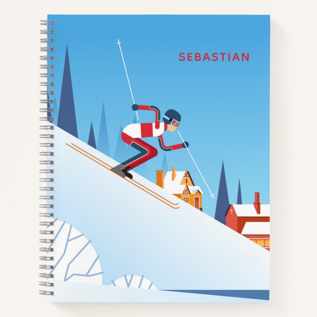 Modern Skiing Winter Ski Cartoon Personalized Name Notebook (Front)