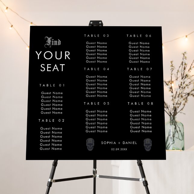 Modern Skull 8 Table Gothic Wedding Seating Chart Foam Board (Creator Uploaded)