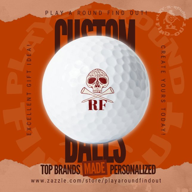 Modern Skull and Cross Tees Monogrammed Initials Golf Balls (Custom golf balls by Play A Round Find Out, Initials "RF" featured beneath a Skull and Cross Tees)